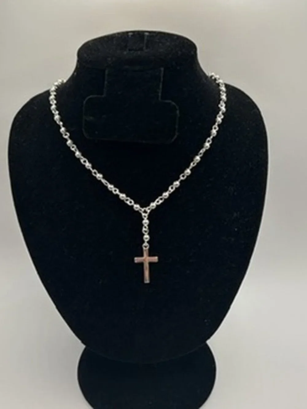 Vintage Real Silver Rosary Cross Pendant Beaded Chain Plated Stainless Steel